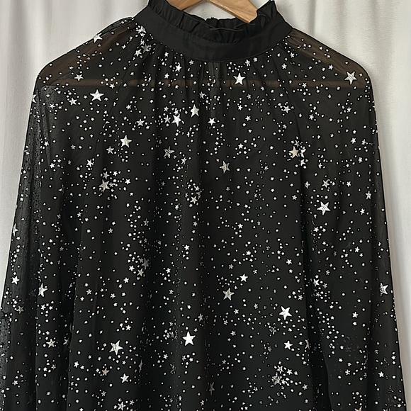 Cupshe NWT Black Silver Stars Ruffled Long Sleeve Blouse Shirt Top **Size S** - Picture 3 of 4
